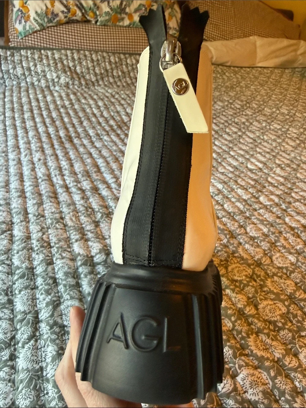 Agl White Leather Chelsea Boots with Black Ribbed Platform Sole